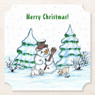 God jul! Snögubbe med katt och valp Underlägg Papper