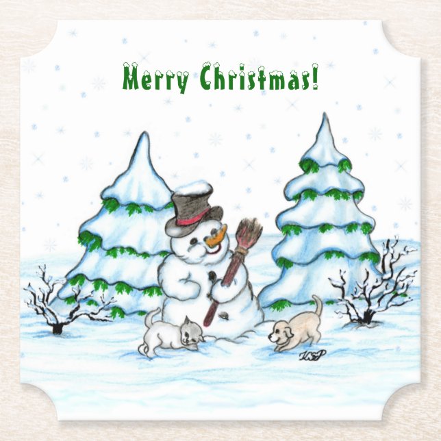 God jul! Snögubbe med katt och valp Underlägg Papper (Framsida)