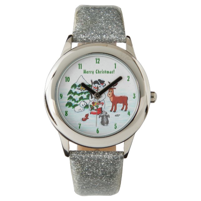God jul! Snögubbe med vänner Armbandsur (Framsida)