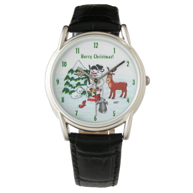 God jul! Snögubbe med vänner Armbandsur (Framsida)