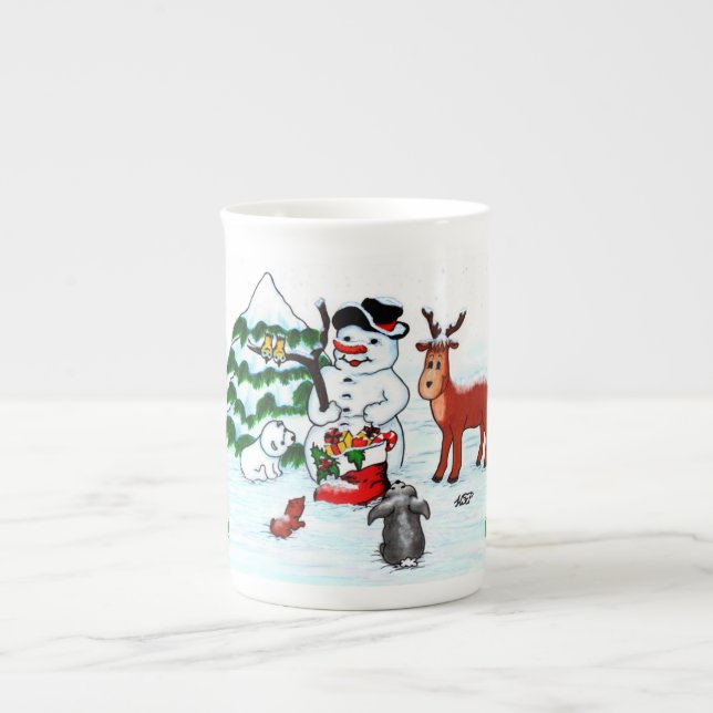 God jul! Snögubbe med vänner Benporslin Mugg (Framsidan)