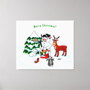 God jul! Snögubbe med vänner Canvastryck