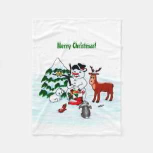 God Jul! Snögubbe med vänner Fleecefilt