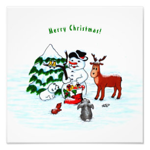 God jul! Snögubbe med vänner Fototryck