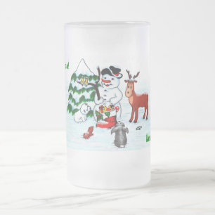 God jul! Snögubbe med vänner Frostat Ölglas