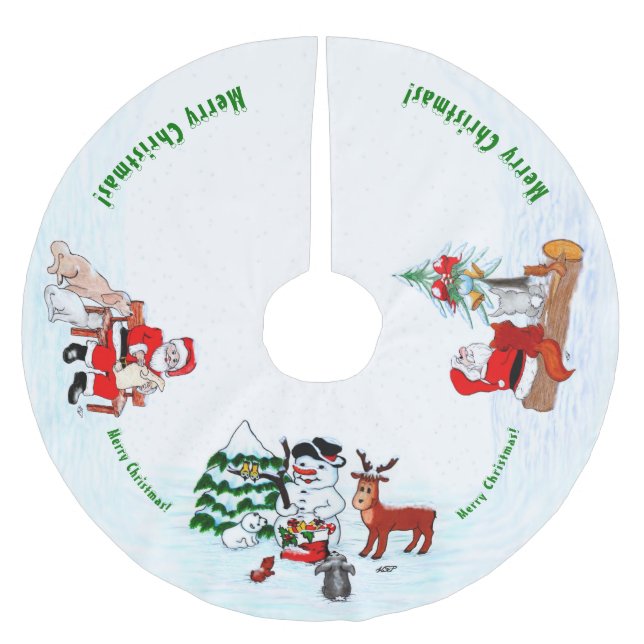 God jul! Snögubbe med vänner Julgransmatta Borstad Polyester (Framsidan)