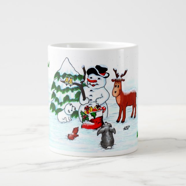 God jul! Snögubbe med vänner Jumbo Mugg (Framsidan)