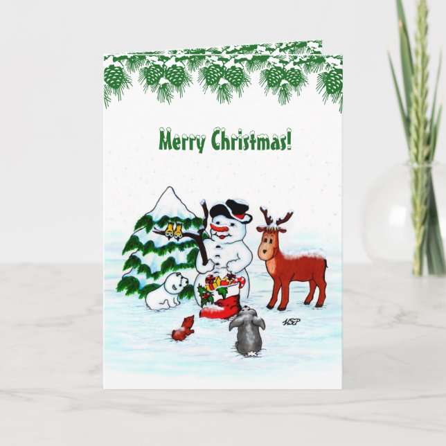 God jul! Snögubbe med vänner Kort (Framsida)