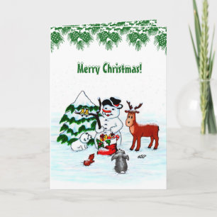 God jul! Snögubbe med vänner Kort