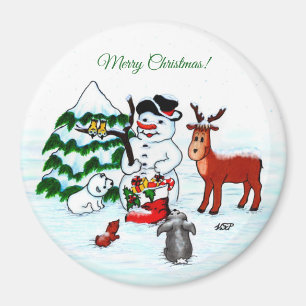 God jul! Snögubbe med vänner Magnet