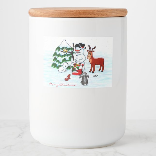 God jul! Snögubbe med vänner Mat Etiketter (Framsida)