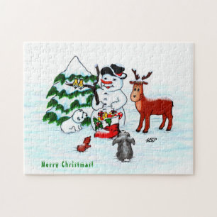 God jul! Snögubbe med vänner Pussel