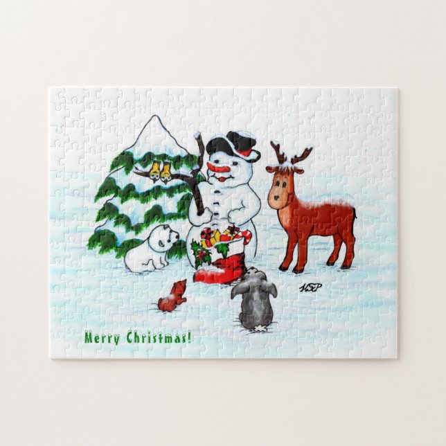 God jul! Snögubbe med vänner Pussel (Horisontell)