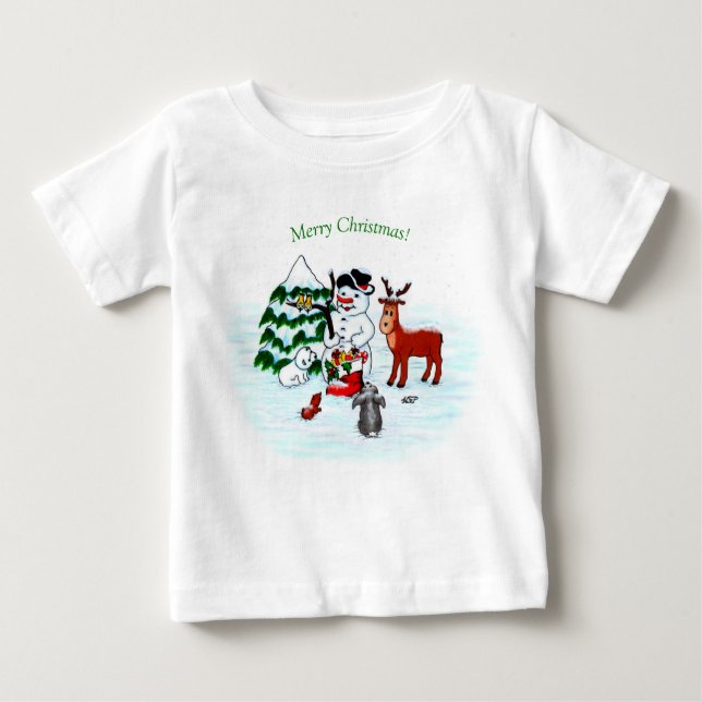 God jul! Snögubbe med vänner T Shirt (Framsida)