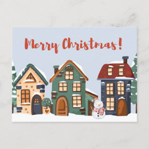 God jul Snögubbe och hus Vykort