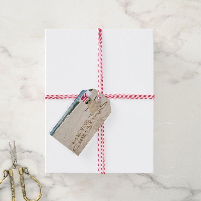 God jul snögubbe på stranden presentetikett (Med Snöre)