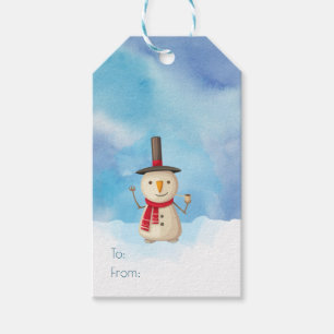 God jul Snögubbe, som viker och ler Presentetikett