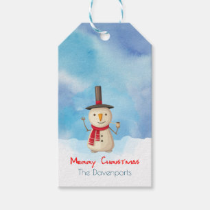 god jul Snögubbe, som viker och ler Presentetikett