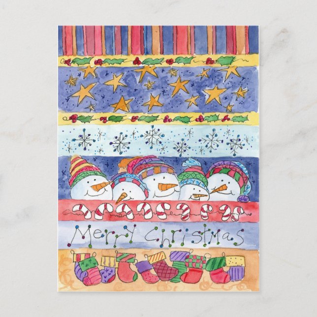 God jul Snögubbe Stocking Snöflingor Helg Vykort (Framsida)