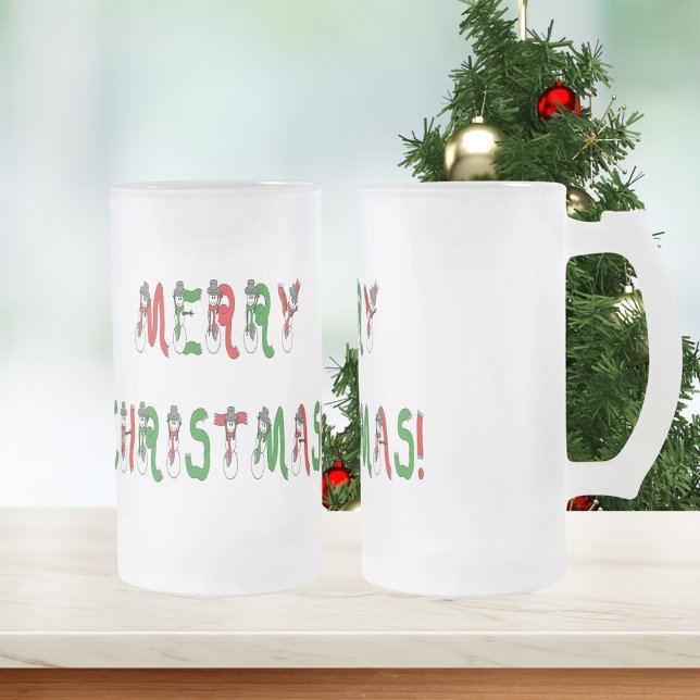 God jul Snögubbe-teckensnitt, Mugg, framskuren Frostat Ölglas (Merry Christmas Snowman Font Frosted Mug)