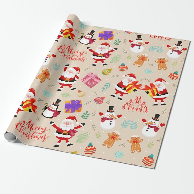 God jul Snögubbe Wrapping Papper Presentpapper ("Santa, penguins, and presents the perfect holiday trio")