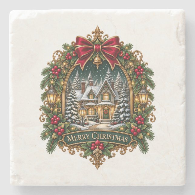 God Jul Snöig Stuga Stenunderlägg (Framsidan)