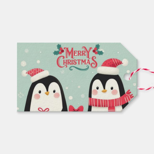 God jul snöiga pingviner presentetikett (Framsidan (Horizontal))
