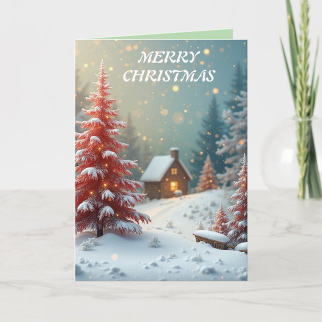 God jul snöiga röda träd helgkort (Framsida)