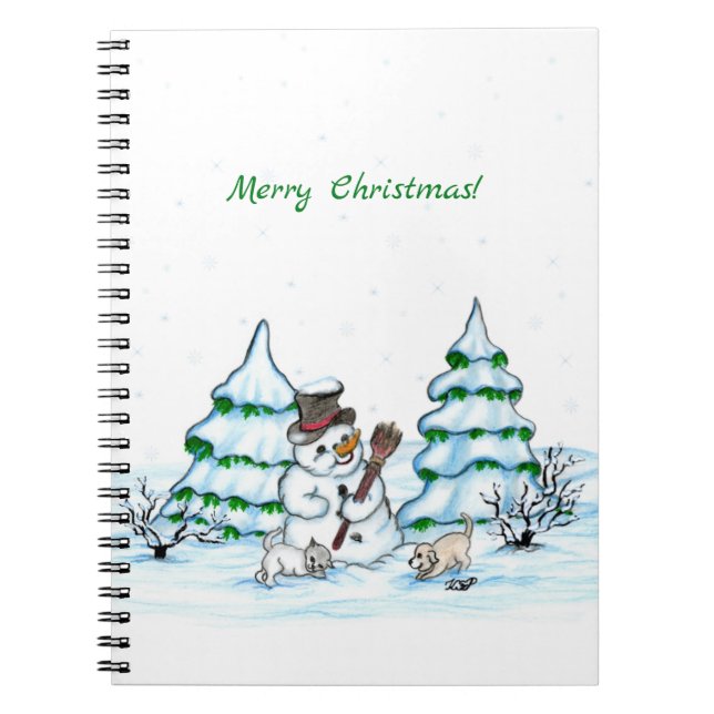 God jul! Snöman med katt och valp Anteckningsbok (Framsidan)