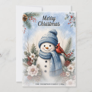 God Jul Snömannen Kardinal Akvarell Vinter Julkort