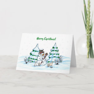 God jul! Snömannen med katt och valp Kort