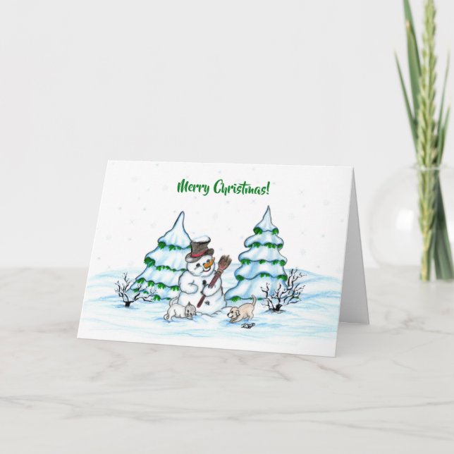 God jul! Snömannen med katt och valp Kort (Framsida)