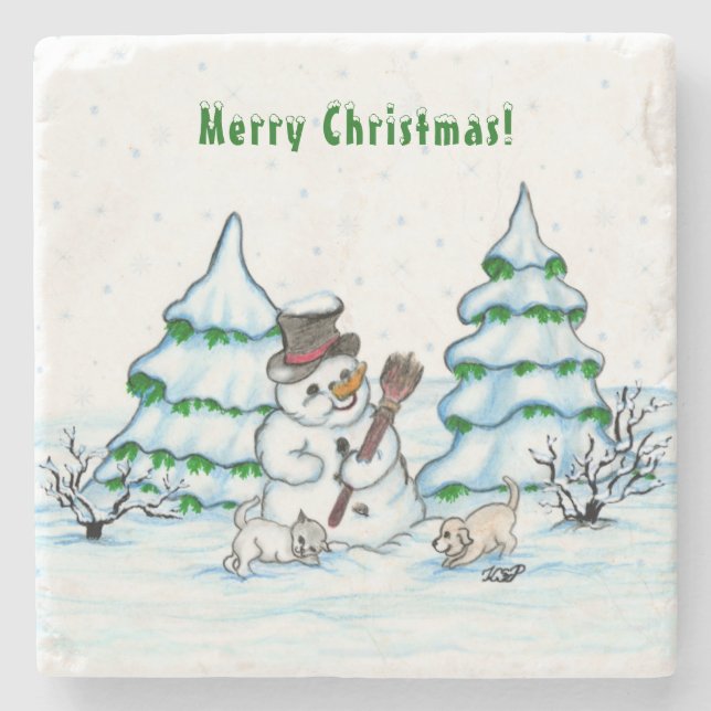 God jul! Snömannen med katt och valp Stenunderlägg (Framsidan)