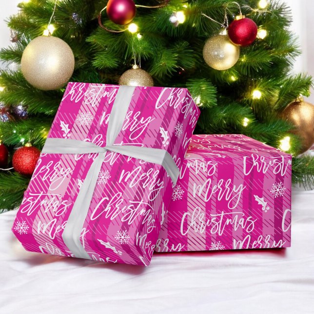 God jul snowflake mistletoe rosa plaid presentpapper (Merry Christmas snowflake mistletoe pink plaid Wrapping Paper)