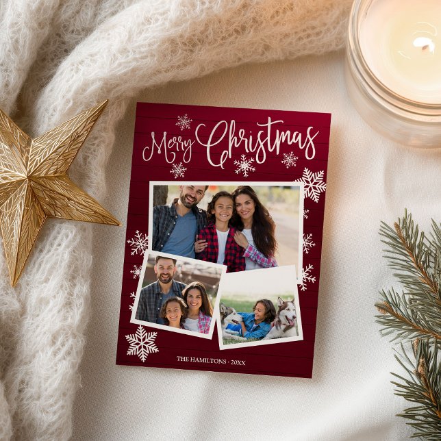 God jul Snowflake Rustic 3 Photos Collage Vykort (Skapare uppladdad)