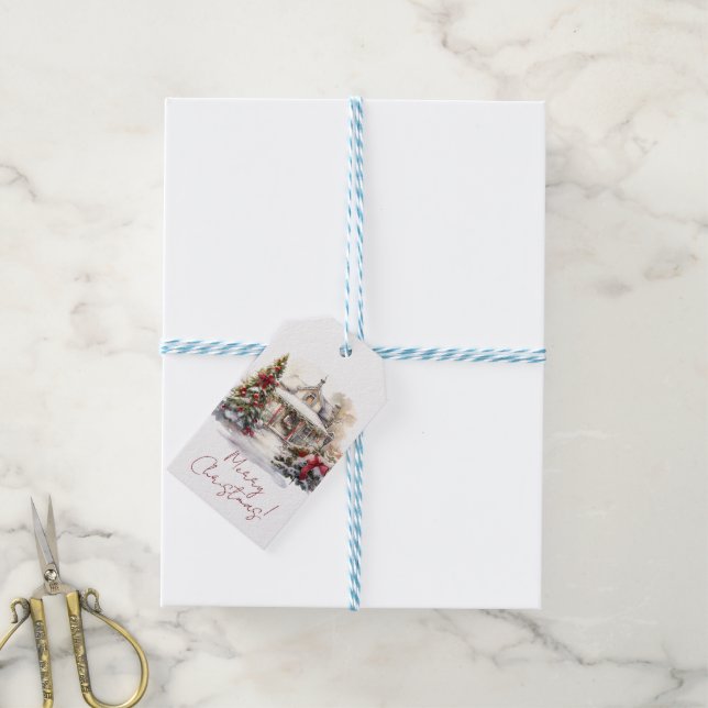 God jul Snowy House Julgranar Presentetikett (Med Snöre)
