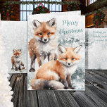 God jul Snowy Winter Red Fox Unge Helgkort<br><div class="desc">Ett helgdag-kort med vattenfärgad röd räv unge i vackra detaljer,  i en vintersnöscen med God jul i ett skript som skrivs på framsidan med ett meddelande inuti som kan redigeras enligt dina önskemål.</div>