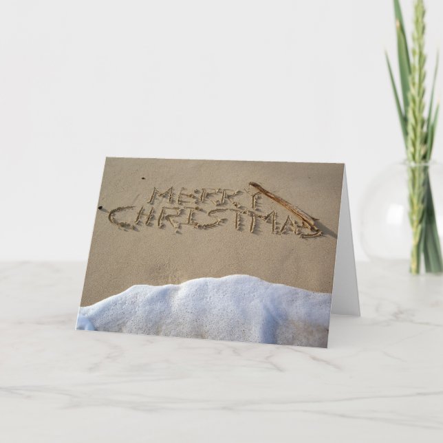 God jul som är skriftlig på stranden helgkort (Framsida)