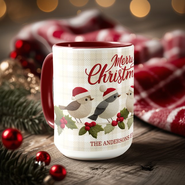 God Jul Söt Broderade Fåglar Namn Mugg (Merry Christmas Cute Embroidaried Birds Name Mug)