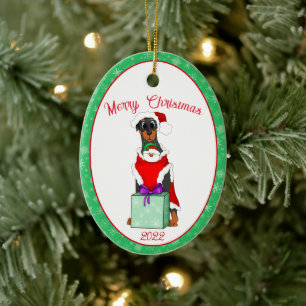God Jul Söt Dobermann I Santa Dräkt  Julgransprydnad Keramik