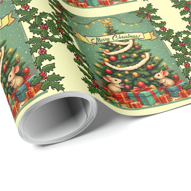 God Jul Söt Glad Möss Viktoriansk Träd     Presentpapper (Rullad Hörn)