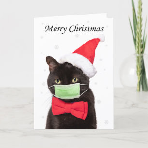 God Jul Söt Katt i Tomtehatt och Mask Helgkort