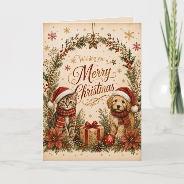 God Jul Söt Katt och Hund Julkort Kort (Framsida)