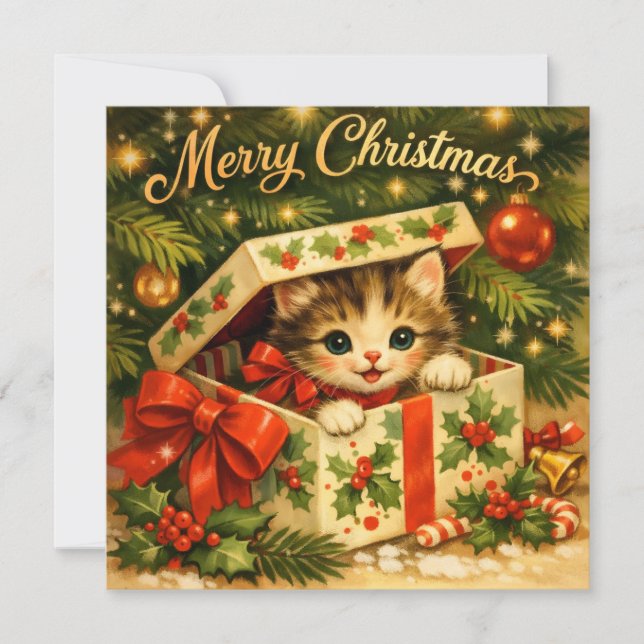 God Jul Söt Kattunge i Presentlåda  Julkort (Framsida)