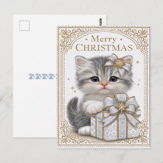 God Jul Söt Liten Katt Blå Band Vykort