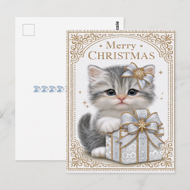 God Jul Söt Liten Katt Blå Band Vykort (Fram/baksida)