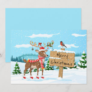God jul Söt Rudolf och fågel Julkort
