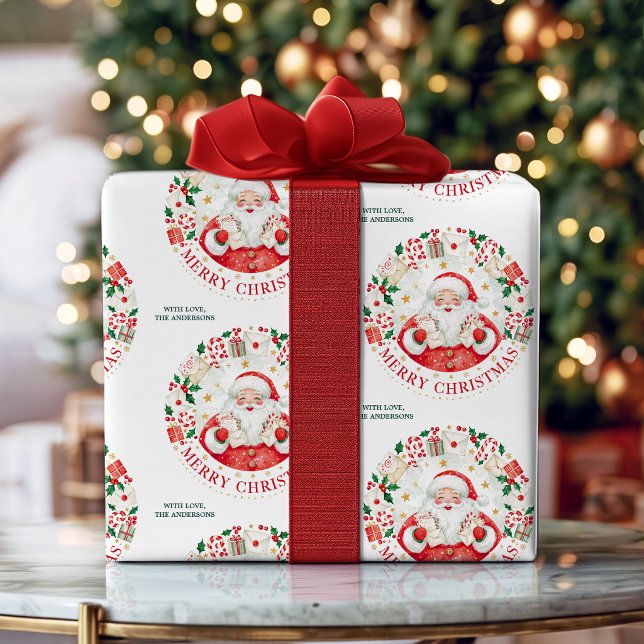 God Jul Söt Vattenfärg Tomte Personlig Presentpapper (Merry Christmas Cute Watercolor Santa Personalized Wrapping Paper)