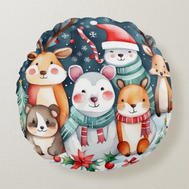 God jul, söta djur rund kudde (Framsidan)