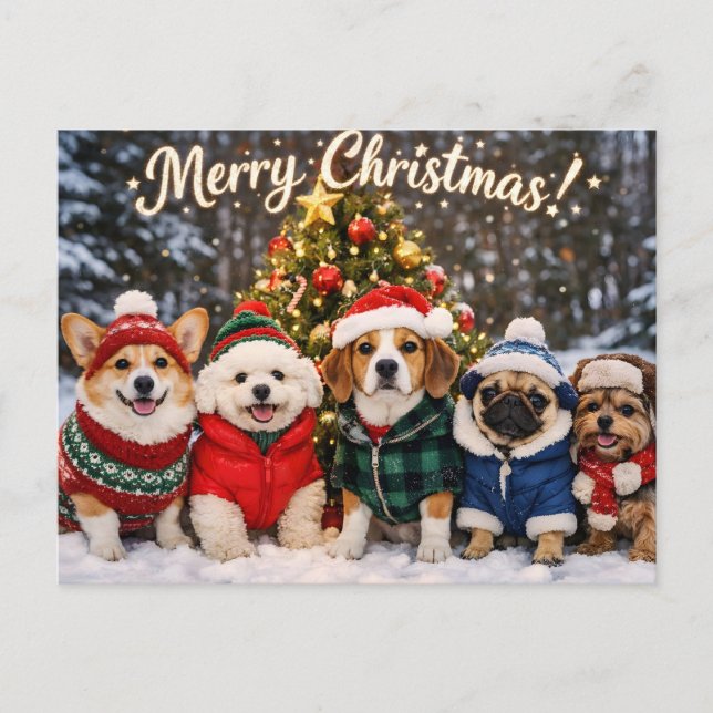 God Jul Söta Hundar och Julgran  Vykort (Framsida)